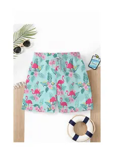 Summer Boys' Peacock Floral Print Drawstring Beach Pants, Kids Loose Fit Coastal Vacation Swim Trunks, Casual Short Beachwear
