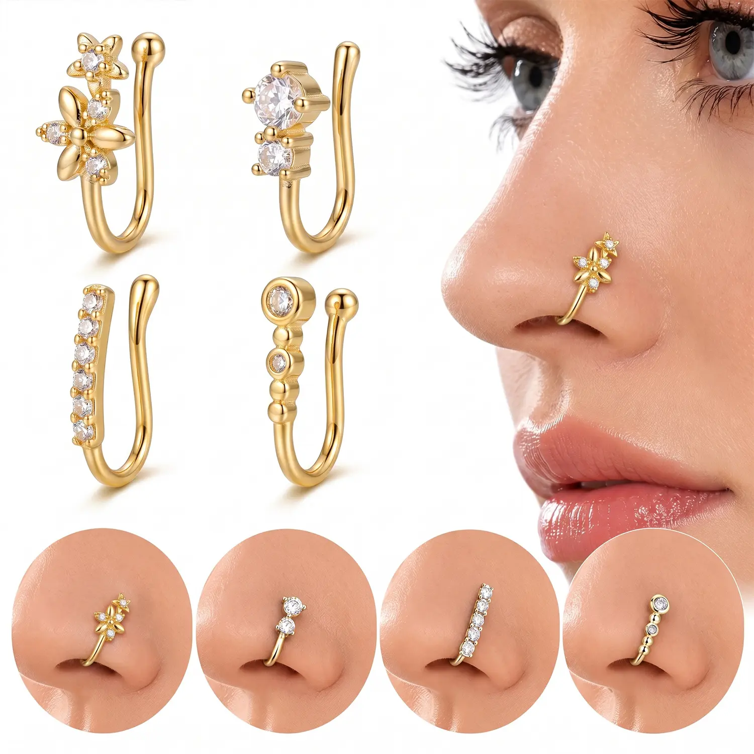 4PCS U-Shaped Non-Piercing Faux Nose Ring Set,Fake Nose Ring CZ for Women African Elegant Designs Comfortable Clip-On Nose Cuffs