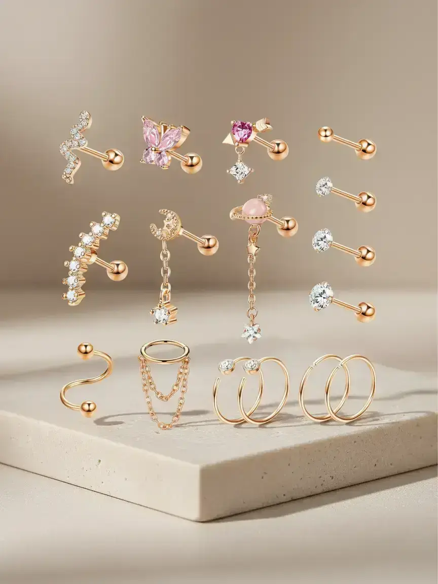 Elegant 16 Pcs Rose Golden Helix Earrings 16G Surgical Steel Cartilage Earrings for Women Men Helix Piercing Jewelry Conch Earrings Cartilage Piercing Jewelry Set Helix Pierced Ring