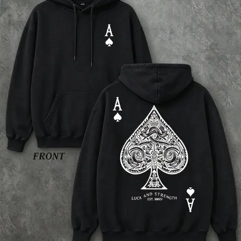 Retro Washed T-Shirt Double Sided Printed (230 Pure Cotton T-Shirt) 'LUCK AND STRENGTH'  Letter And Ace Of Spades Pattern Print, Men's T-Shirt, Men's Casual, Comfortable, Fashionable T-Shirt, Street Style Cotton，Hoodie，Sweatshirt