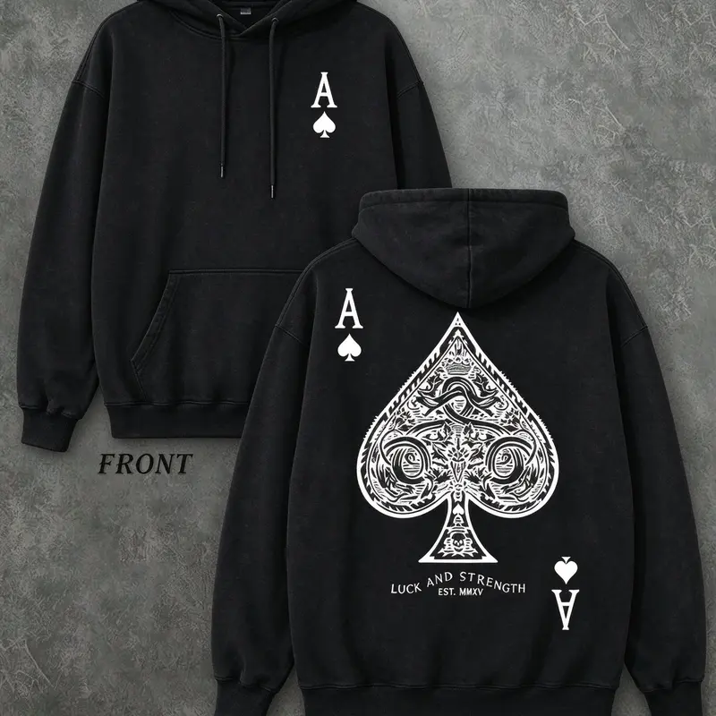 Retro Washed T-Shirt Double Sided Printed (230 Pure Cotton T-Shirt) 'LUCK AND STRENGTH'  Letter And Ace Of Spades Pattern Print, Men's T-Shirt, Men's Casual, Comfortable, Fashionable T-Shirt, Street Style Cotton，Hoodie，Sweatshirt