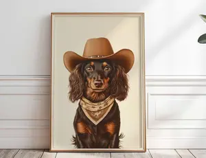 Black and Tan Dachshund Dog Cowboy Hat wall Art, Bandana Dog Poster, Rustic Western Dog print, Farmhouse Pet Portrait Decor, Unique Gift for Men Dad