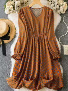 Plus All-Over Print Dress with Ruffle Sleeves, Elegant Plus Size Fashion for Women, Flattering Ruffle Hem Design