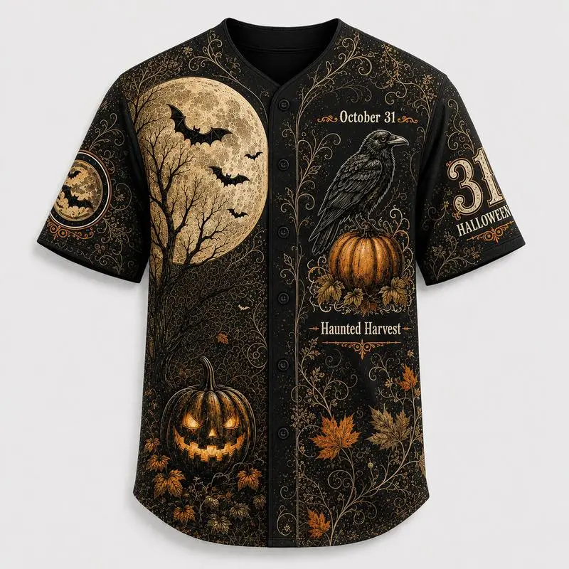 Unisex Gothic Print Button Up Baseball Jersey - Black Short Sleeve Adult Sizing Shirt with Pumpkin, Raven, Moon, Bat Prints - Halloween Party, Casual Sports, Party Attire