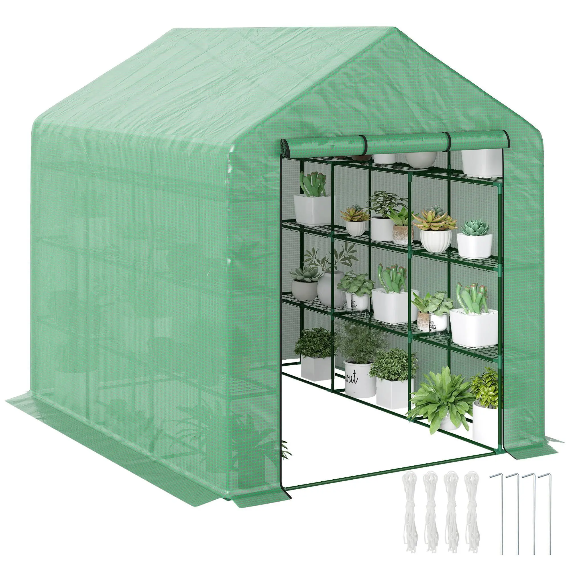 Outsunny Large Outdoor Walk-in Portable Greenhouse, 8'x6'x7' Steel Frame Grow Tent with PE Cover, 4-Tier Vertical Shelves, Roll-Up Zipper Door for Plant Protection, Flowers, Vegetables