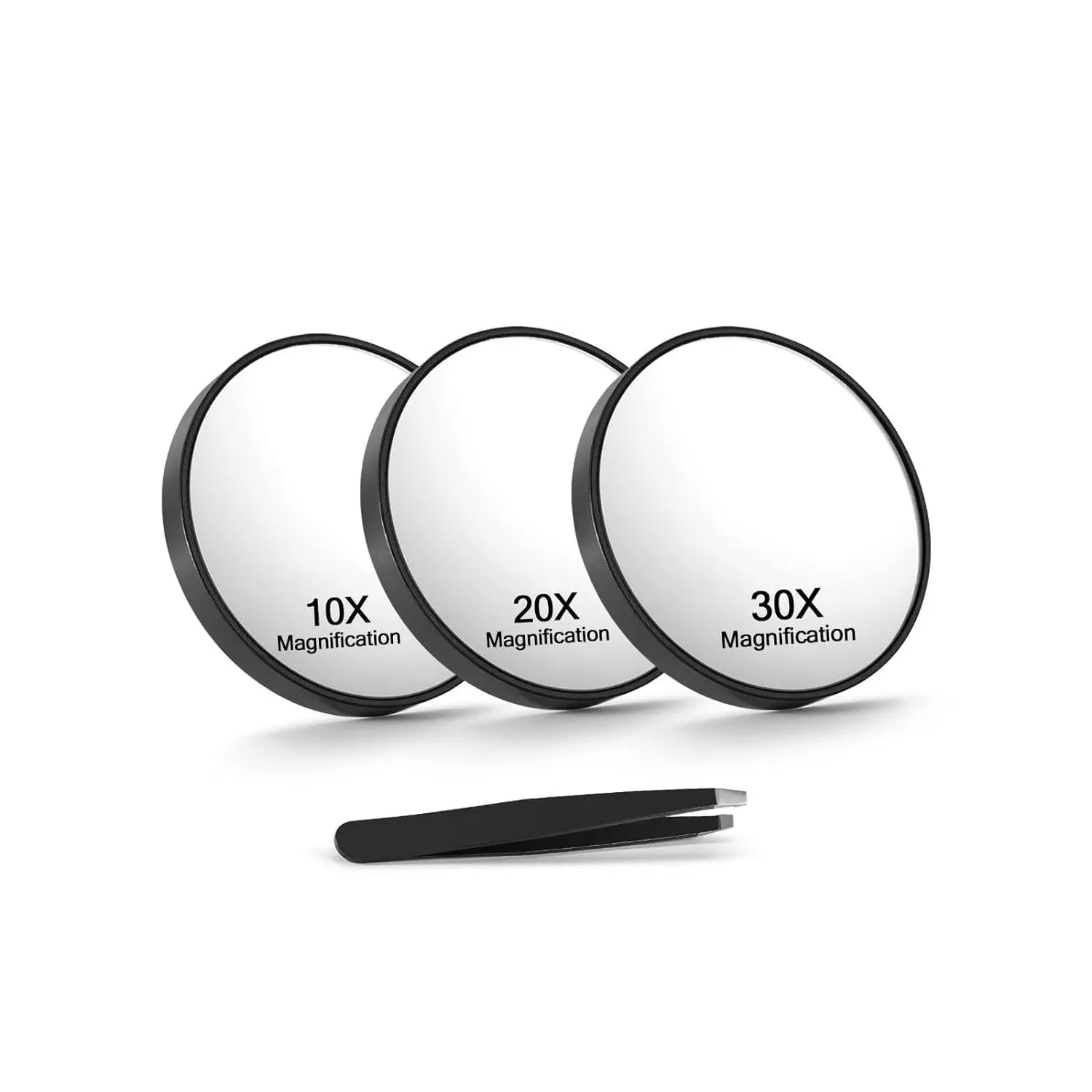 Black 3-Pack Compact Magnifying Makeup Mirrors - 3.5-Inch Travel Hand Mirrors with 10X, 20X, 30X Magnification, Suction Cups, Tweezers for Detailed Grooming, Magnified View, Multi-Pack, Portable Vanity Mirror, Handheld Mirrors