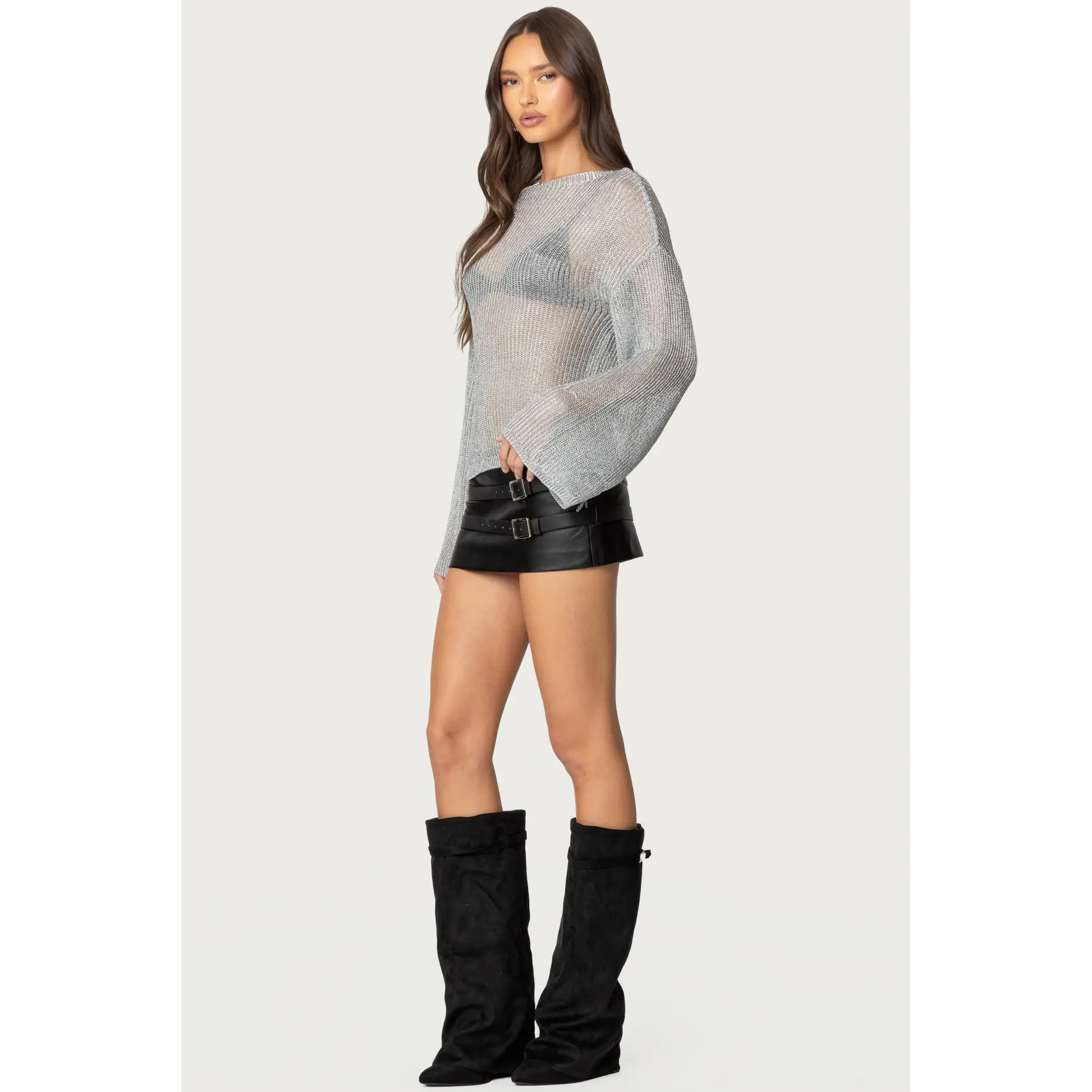 Drop Shoulder Sheer Knit Sweater - TikTok Shop