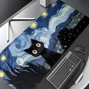 Starry Night Cat Pattern Mouse Pad, Rectangle Gaming Mouse Pad, Non-slip Mousepad, Office Desk Keyboard Mouse Mat for Home Office Game Room Desk