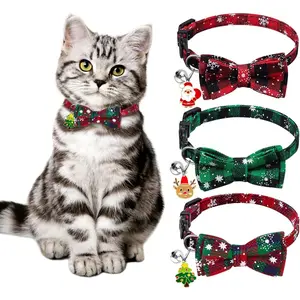 3Pack Christmas Cat Collars Breakaway with Bow tie and Bell Christmas Adjustable Plaid Snowflake Collar Buckle Safety for Puppy Kittens