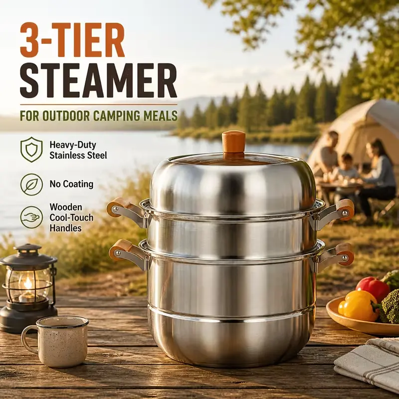 3-Layer Stainless Steel Steamer Cookware - Large Capacity Steamer, suitable for Gas Stoves and Induction Cookers, Detachable Multi-Purpose Steamer Basket, Perfect for Home, Outdoor BBQs, Restaurants, and Hotel kitchens ( with 2 Steaming Trays)
