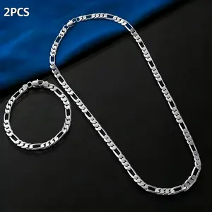italian bracelet  925 Sterling Silver Clasp 6mm Figaro Chain&bracelet for Men Women Diamond CUT Chain Neckace 19.68/23.62 Inches Daliy wear Valentine's gift