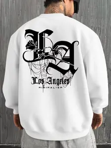 New Men's Los Angeles Graphic Rose Spider Pattern Print Comfortable Versatile Sweatshirt, Spring & Fall Loose Fit Casual Long Sleeve Round Neck Top