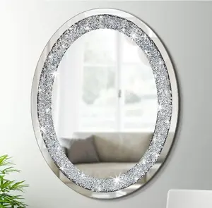 Crystal Crushed Diamond Oval Shaped Silver Mirror Glam Bling for Wall Decoration 24x32x0.9inch Frameless Wall Hang Sparkly Glass Mirror Stunning Stylish Fashion Home Decor Decorative Mirror