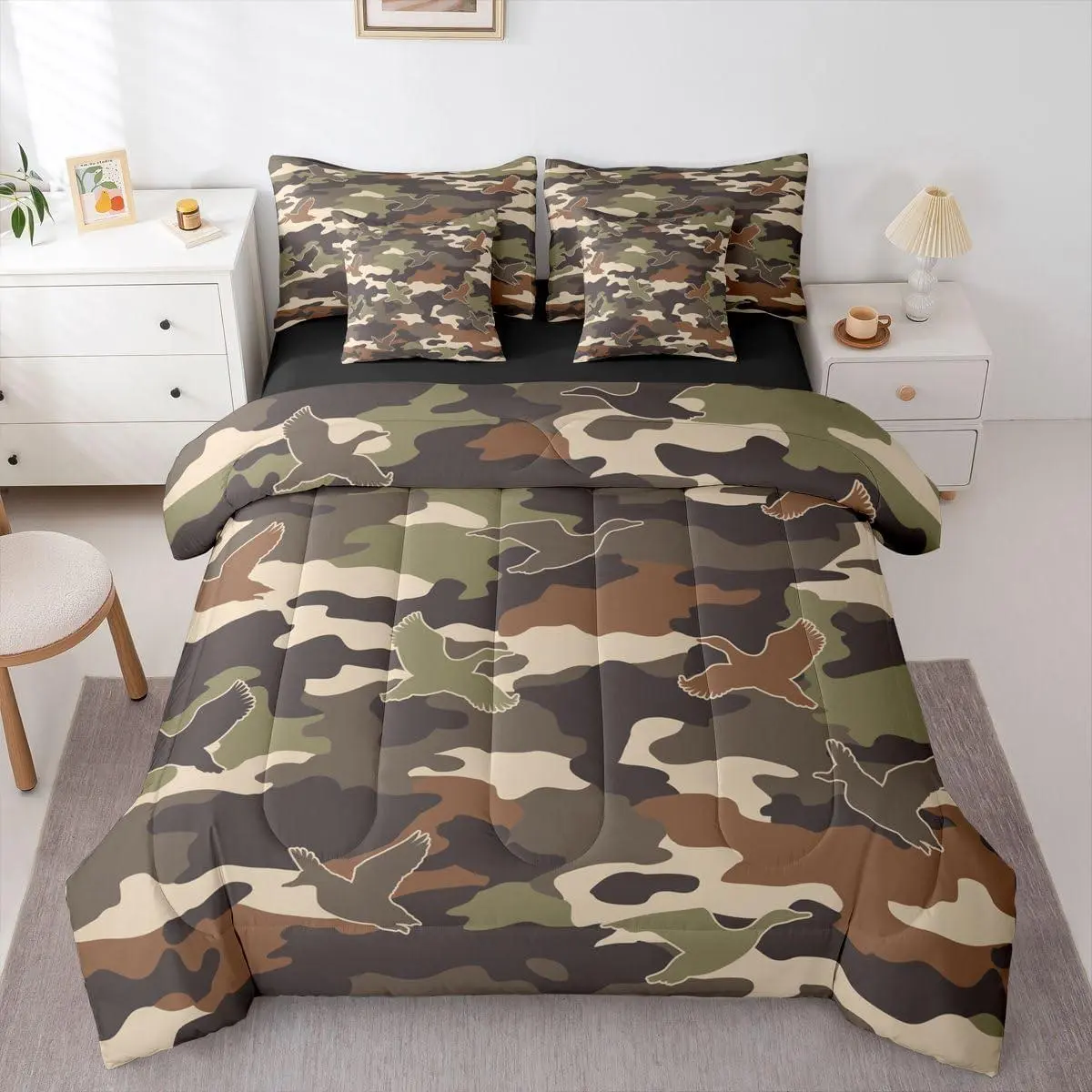3D Duck 7 Piece Bedding Set,Camo Camouflage Comforter Set with Sheets Green Dark Wildlife Bed in a Bag Flying Animals Hunting Bed Set,Comforter