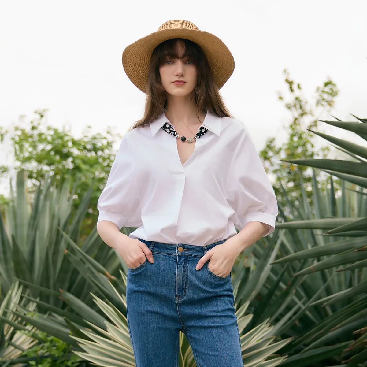Women's Puff Sleeve V-Neck Cotton Blouse, Thin Polyester-Enhanced Top with Silk Scarf, Stylish Women's Clothes