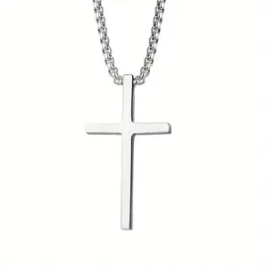 New Titanium Steel Smooth Cross Men's Necklace Hip Hop Versatile Long Sweater Chain Pendant Accessory