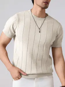 Men's pure-color knitted sweater, Fitted, knitted short-sleeved shirt with round neck, Knitwear, casual vintage style, suitable for spring and summer, comfortable daily wear