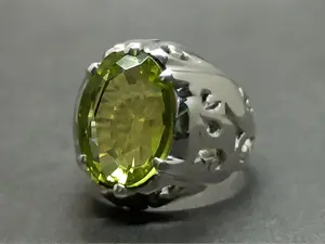Oval Cut 12 Carat Pale Green Lab Peridot Sterling Silver 925 Handmade Mens Lattice Ring Gift for Him