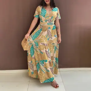 ChicMe Women's Plants Print Short Sleeve Tied Detail Maxi Dress Casual Waist Flowy A Line Dress