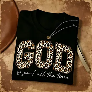 Leopard Print GOD Good Time Printed T-Shirt, 180G Pure Women'S T-Shirt, Loose Fit Meat Blocking And T-Shirt, Elastic Fabric Not Tight, Paired with Jeans Trendy And Cool Explosive Street, Gentle with Long Skirt, a Must-Have