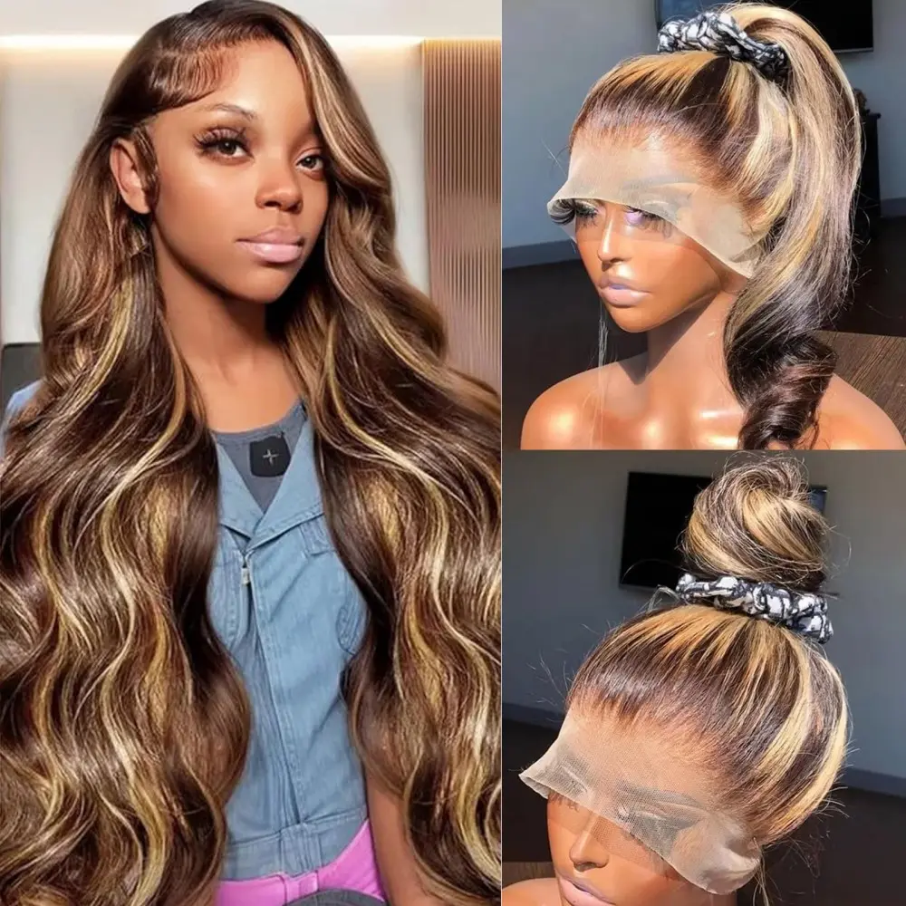 Ombre Honey Blonde 360 Lace Front Wigs Human Hair Drawstring Highlight Body Wave Lace Front Wigs Human Hair Pre Plucked 360 HD Full Lace Wig 180 Density Frontal Glueless Wigs for Women