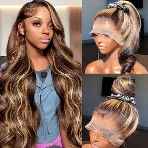 Ombre Honey Blonde 360 Lace Front Wigs Human Hair Drawstring Highlight Body Wave Lace Front Wigs Human Hair Pre Plucked 360 HD Full Lace Wig 180 Density Frontal Glueless Wigs for Women