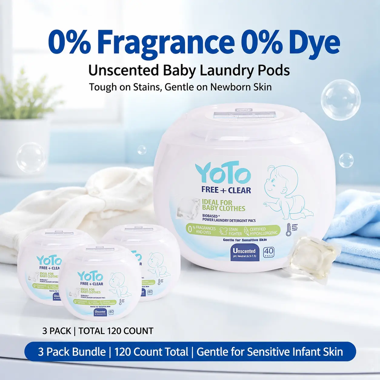 40 Pcs/Box, 1 Box/3 Boxes, YoTo Free + Clear, Hypoallergenic Unscented Laundry Pods, Baby & Sensitive Skin/Eczema Safe, Effective Stain Removal, Bio-based, No Residue, Gentle Fiber Care, HE Compatible, Detergent Pods Laundry Balls & Discs, 24 Months