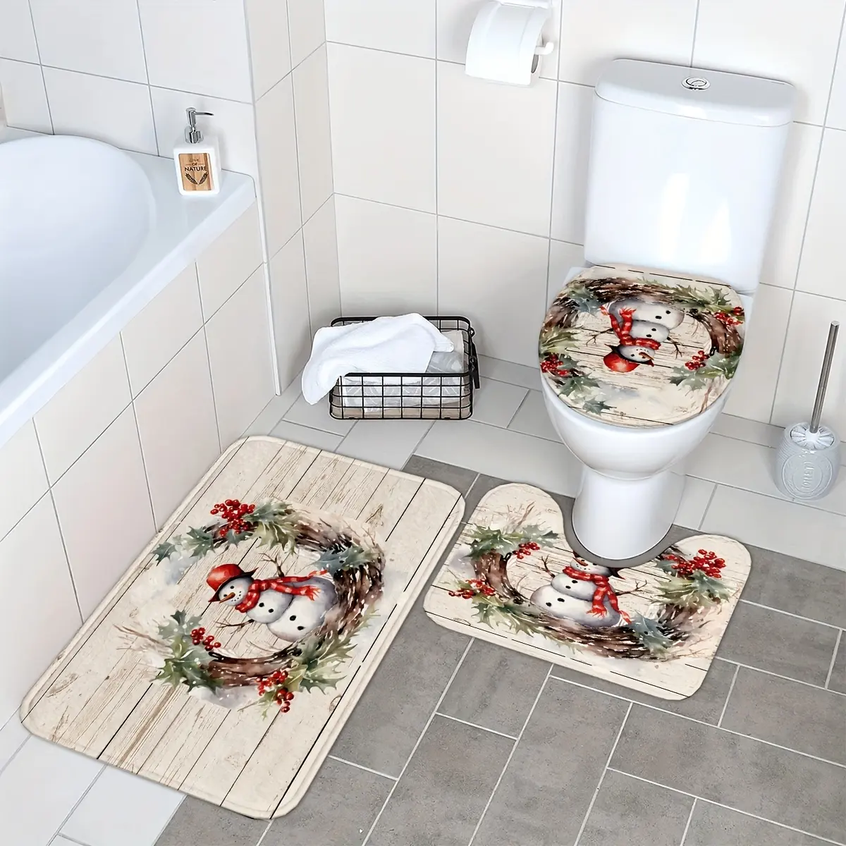 2D Flat 3Pcs Christmas Snowman Wreath Bathroom Mat Set, Non-Slip Washable Bath Rug, U-Shaped Contour Mat & Toilet Lid Cover, Holiday Decor Carpet for Bathroom, Kitchen, Bedroom