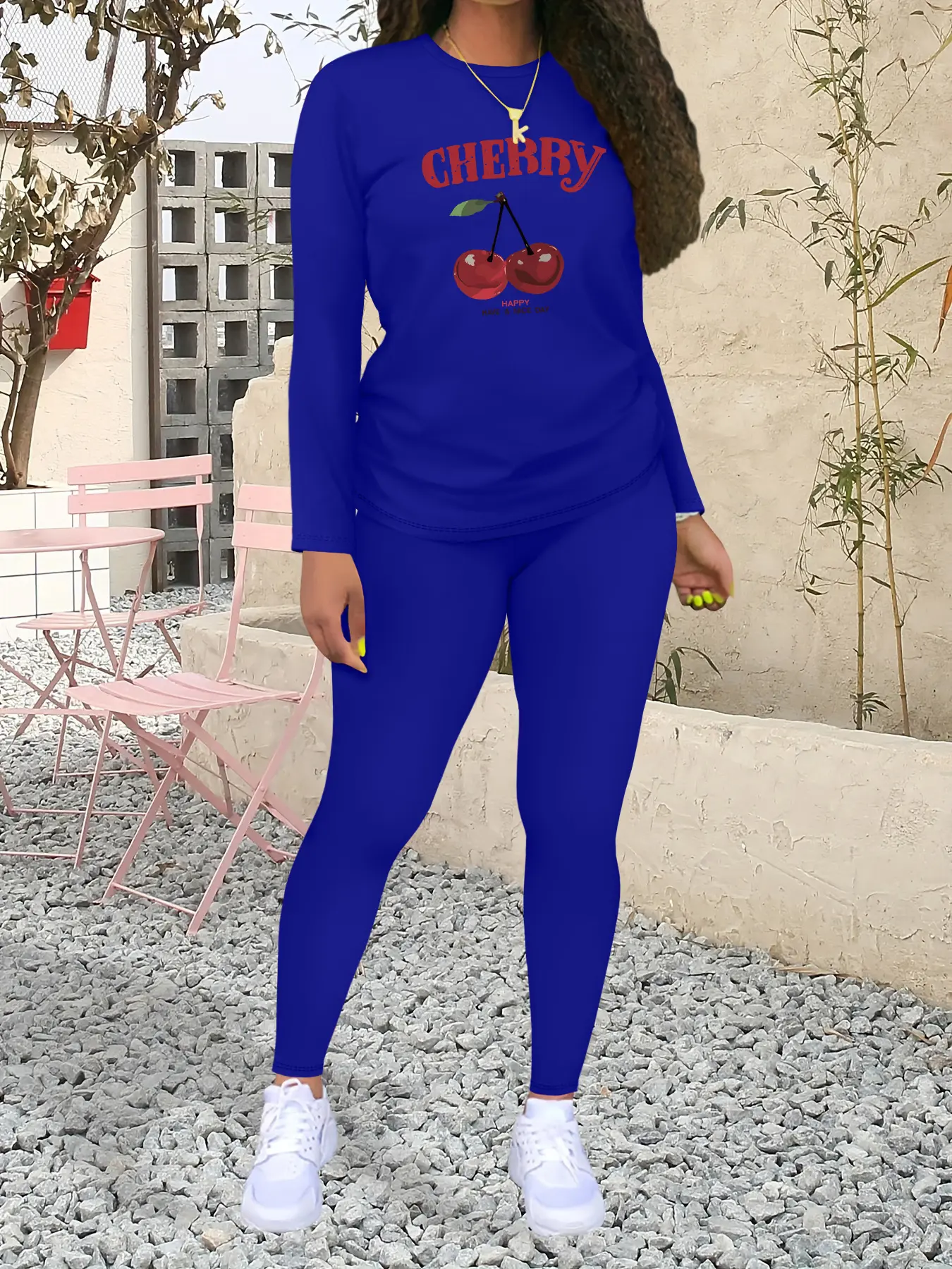 Women's Cherry Pattern Print Casual Sportswear Set, Fashionable Long Sleeve Top & Tight Pants, Fall&winter Fitted, Sporty Style