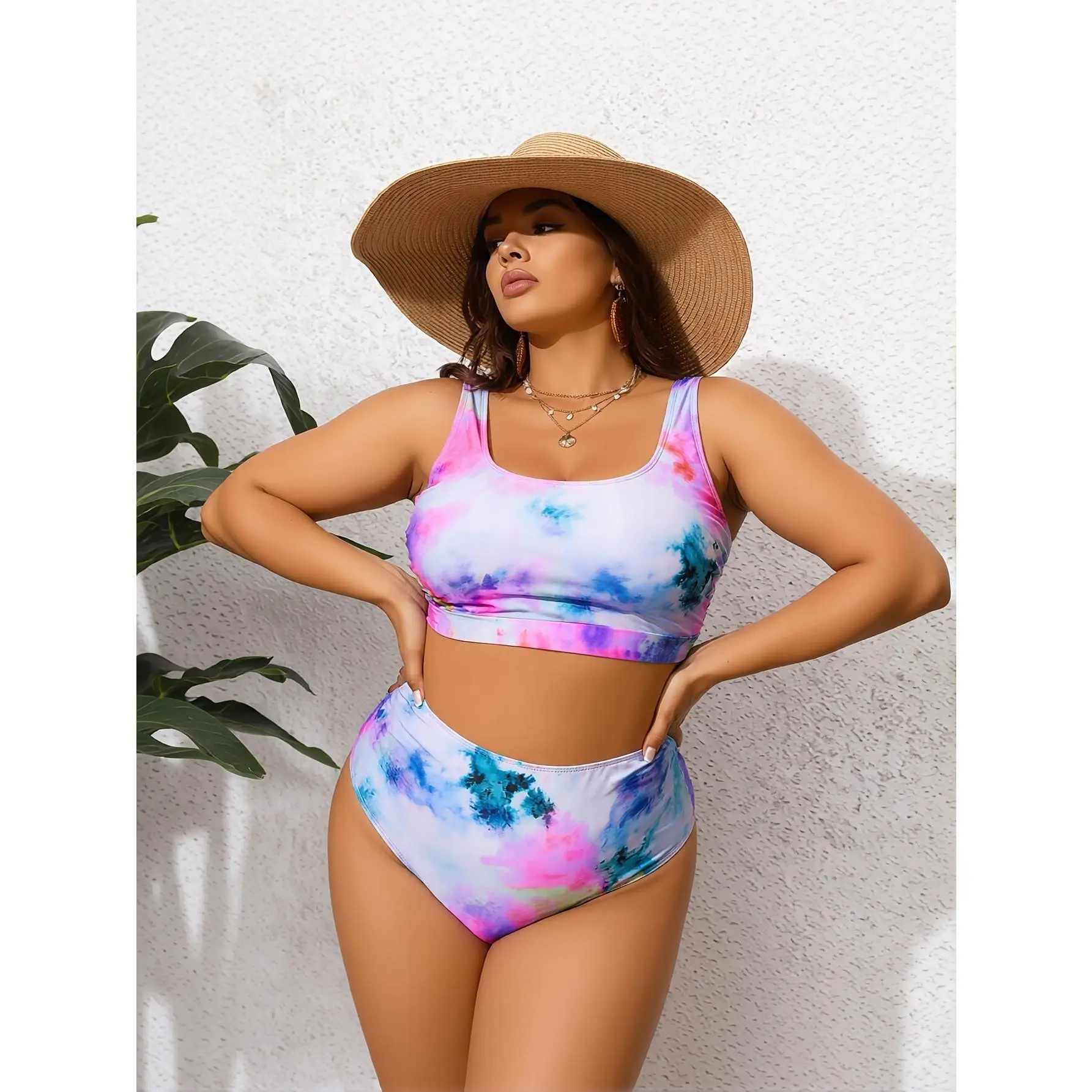 Women's High-Waist Sporty Bikini Set - Polyester Stretch Knit Fabric, Light Blue Random Print, Stomach-Flattering, Figure-Enhancing Swimwear for Sports, Outdoor Activities, Sporty Bikinis