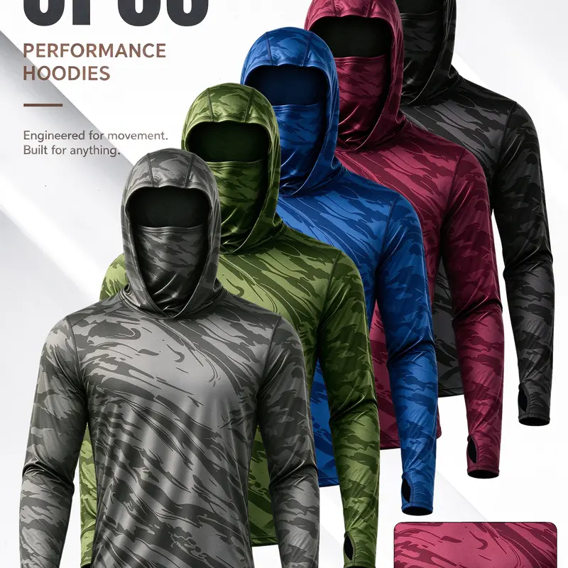 Men's 5-Pack UPF50 Sun Protection Hooded Athletic Tops - Loose-Fit, Quick-Dry, Stretch Activewear Clothes, Built-In Face-Mask, Thumb Holes, Machine Washable Fitness Clothes for Fishing, Outdoor Sports, All-Seasons
