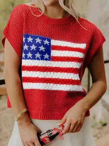 Women's American Flag Graphic Relaxed Fit Short Sleeve Knit Sweater Top for Independence Day Festivals & Casual Streetwear Knitwear - Womenswear