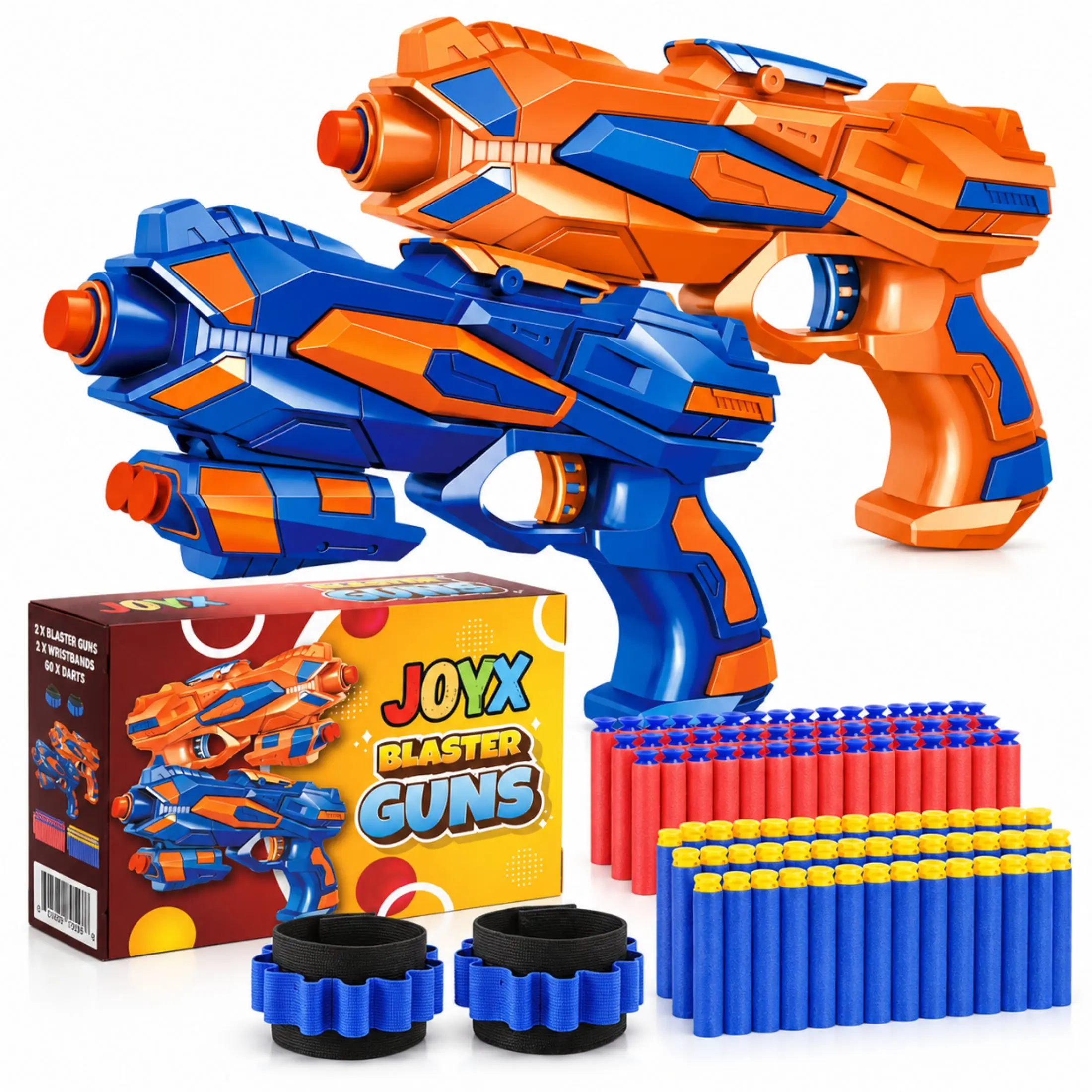 JoyX Blaster Guns - 2-Pack of Orange & Blue Nerf-like Toys with Ammo - Fun Kids Toy for Outdoor Play & Indoor Games - JoyX Brand