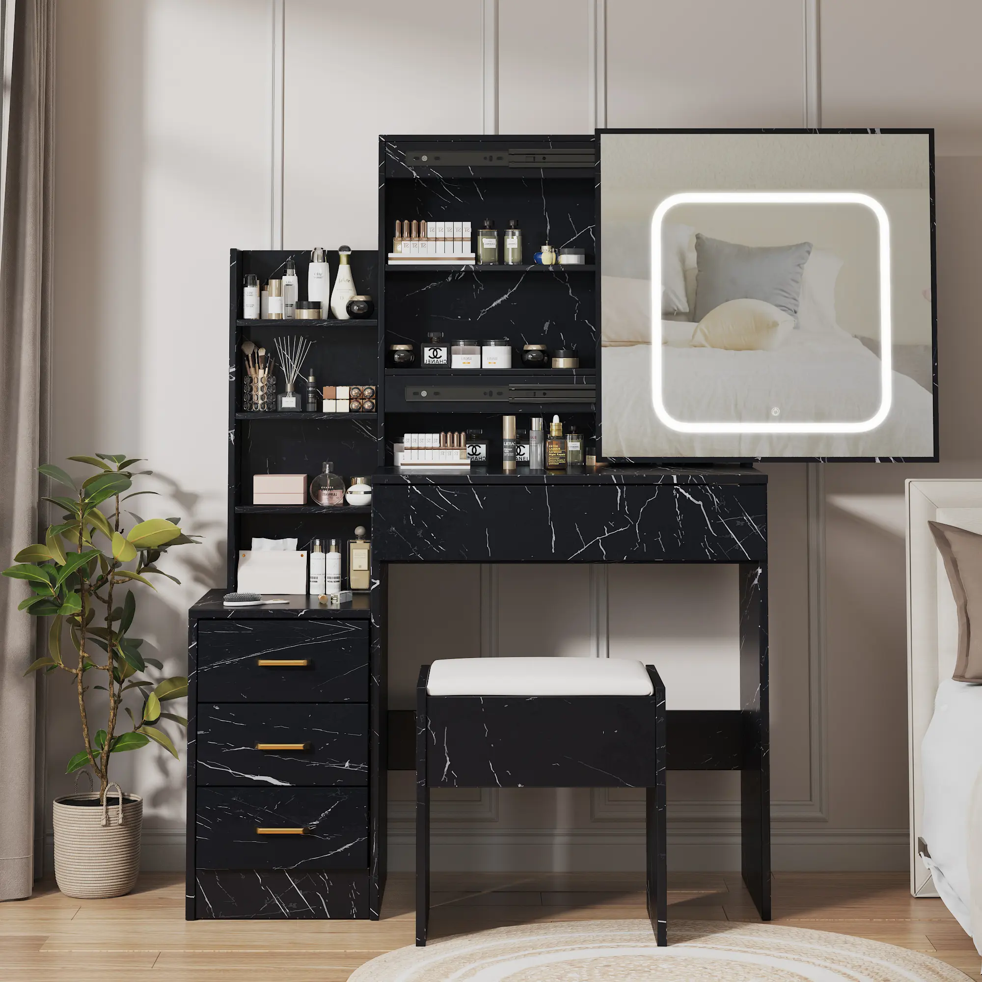 Modern Vanity Desk with Sliding Mirror and LED Lights, 4 Drawers, Storage Shelves, Built-in Power Outlet, Cushioned Stool, Space-Saving Bedroom Makeup Table