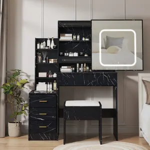 Modern Vanity Desk with Sliding Mirror and LED Lights, 4 Drawers, Storage Shelves, Built-in Power Outlet, Cushioned Stool, Space-Saving Bedroom Makeup Table
