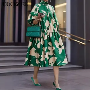 UOOZEE Women's 2025 Spandex Casual Wear Pull-On Midi Dress - Spring Autumn High Neck Half Puff Sleeves Loose Pleated Floral Print, Breathable Elegant Fit Womens Dresses for Party/Wedding (Broad-Shouldered Ladies Advised to Size Up),summervibes