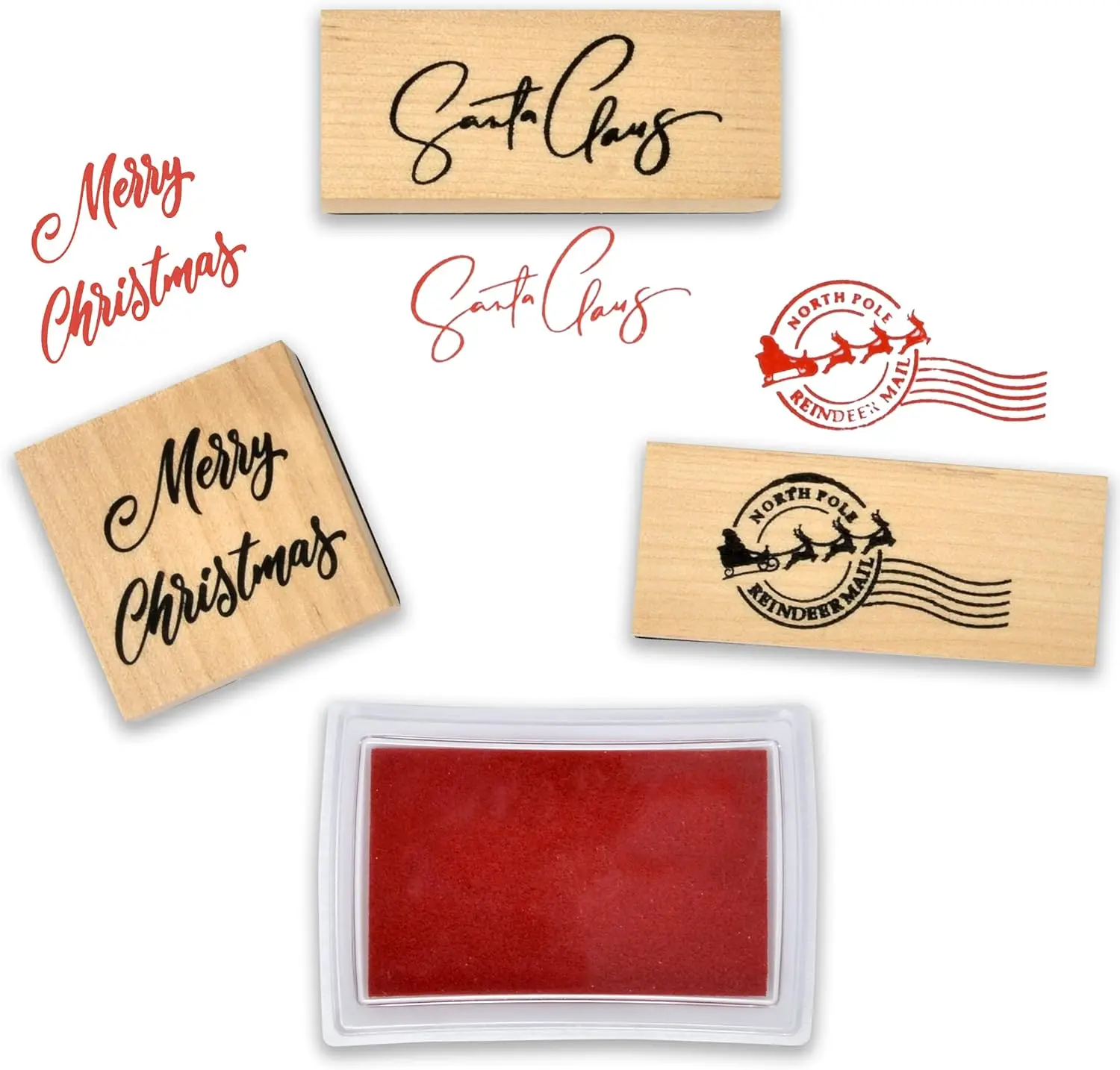 Gift Boutique Christmas Wooden Rubber Stamps Set of 3 Merry Christmas Santa Claus Signature & North Pole Reindeer Mail Stamp with Red Ink Pad for Holiday Xmas Letter Envelopes Letters to & from Santa
