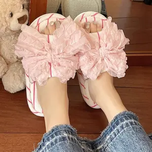 Bow Striped Women's Open Mouth Slippers Sweet and Cute Indoor in Summer Ins Toe Slippers Fashionable Bridal Slippers