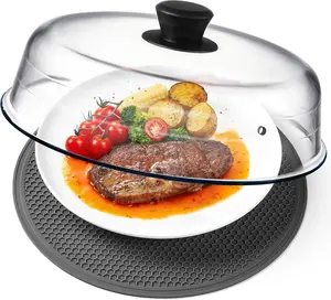 10in Handheld 2-in-1 Borosilicate Glass Microwave Splatter Cover & Place Mat, Kitchen Utensil with Silicone Grip Handle Knob, Vent Hole, Food-Grade, Plastic-Free Plate Guard Lid