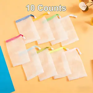10Pcs Exfoliating Soap Foaming Mesh Bags with Drawstring, Soap Saver Pouch for Face & Body Cleansing, Assorted & Random Colors, Includes Natural Sponge