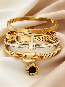 4-piece classic light luxury stainless steel fashionable couple bracelet, suitable for daily wear by men and women, durable party accessories