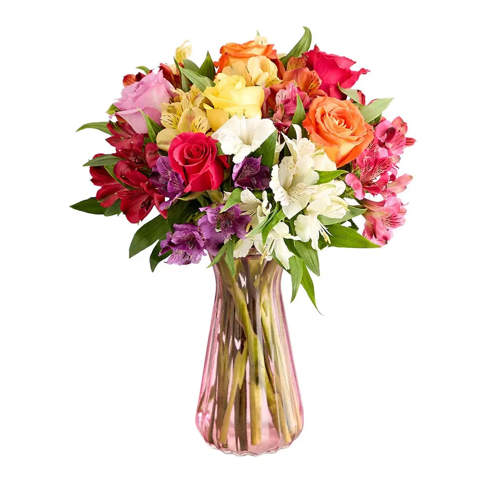 1800 Flowers- Assorted Roses & Peruvian Lilies Single Bouquet w/ Pink Vase