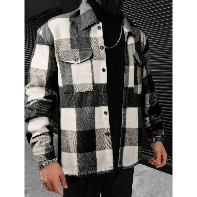 Men Plaid Print Flap Pocket Jacket, Men Street Wear Shirt, Men Shacket, Streetwear Button Up, Men Flannel, Plaid Jacket Men, For Fall Winter Men Plaid Print Flap Pocket Jacket, Men Street Wear Shirt, Men Shacket, Streetwear Button Up, Men Flannel, Plaid Jacket Men, For Fall Winter