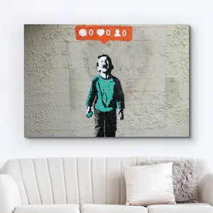 Canvas Print Wall Art Banksy Kid Crying Over Social Media Graffiti & Street Art Pop Culture Illustrations Pop Art Bohemian Multicolor Dark for Living Room, Bedroom, Office SHJY-01177