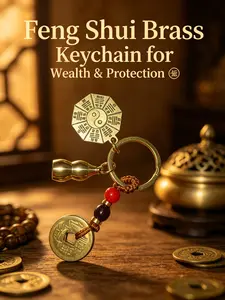Feng Shui Brass Keychain for Wealth & Protection, Traditional Chinese Bagua & Gourd Lucky Charm, Handmade Braided Keychain with Bagua Symbol