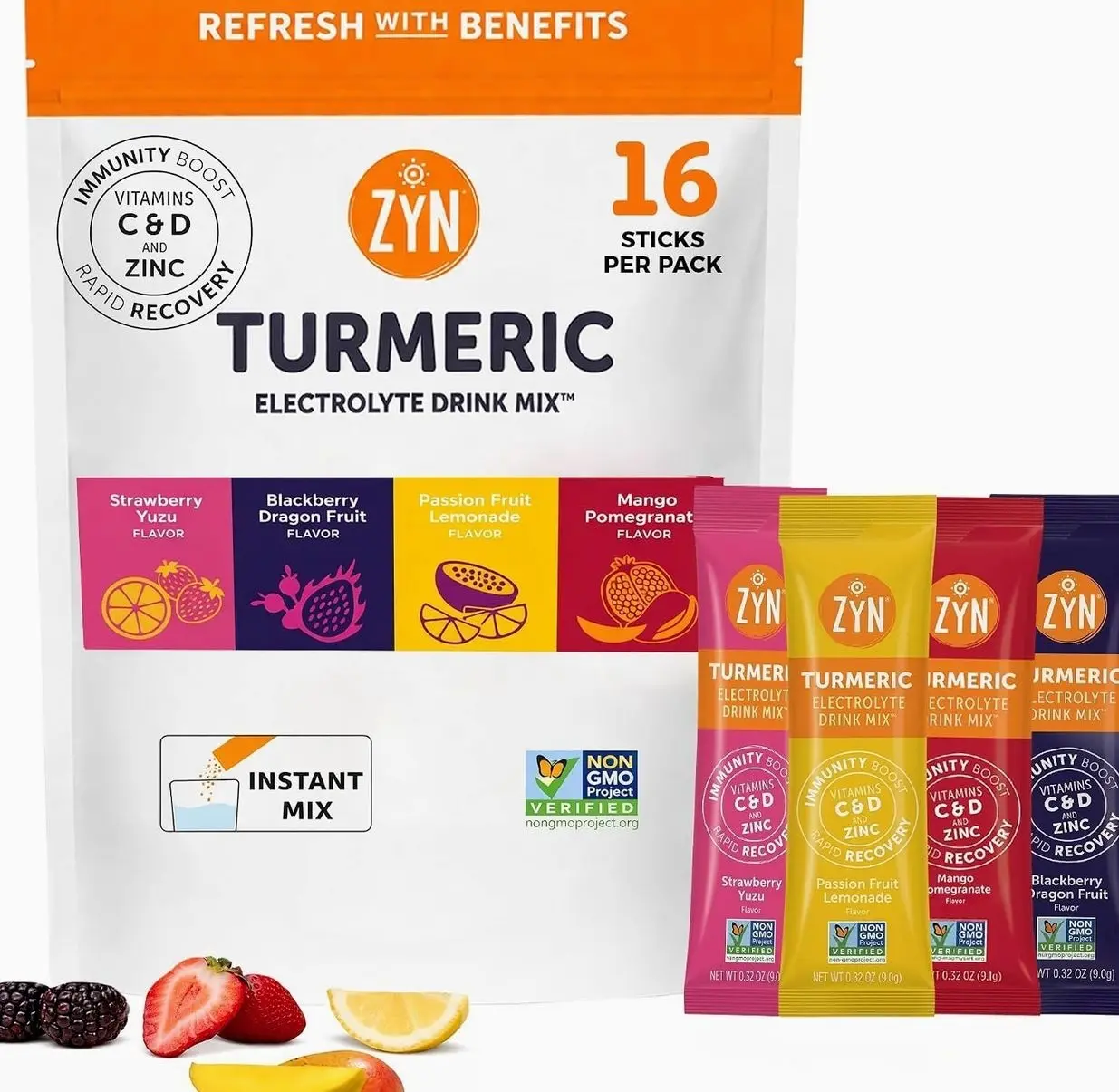 ZYN Electrolyte Drink Mix Hydration Packets, Electrolytes Powder, Hydration Packets w/Turmeric Curcumin, Vitamin C and D, Zinc, Hydrate Electrolyte Powder Packets for Wellness, Variety Pack of 16