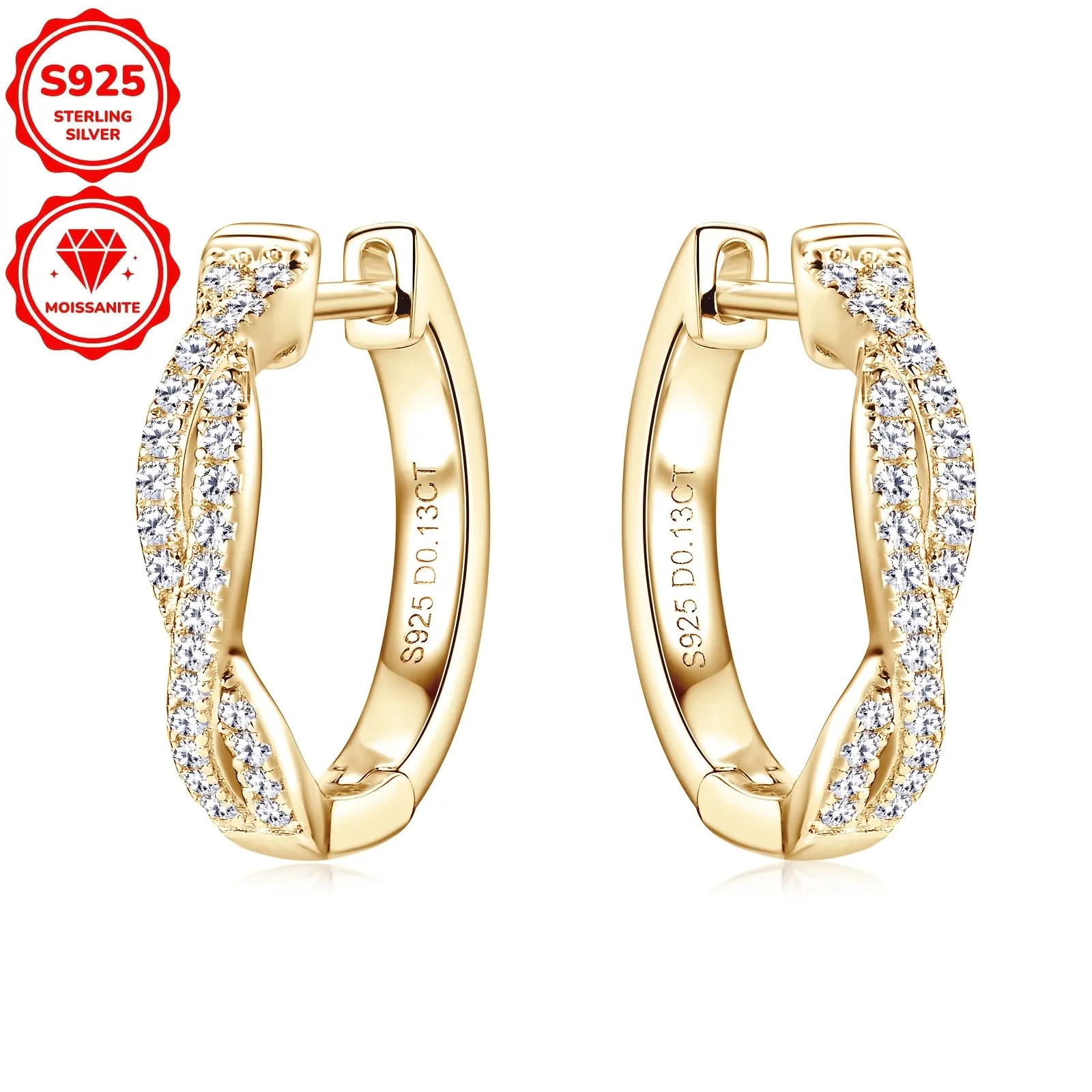 [Silver Weight 3.29G, Moissanite 1Mm*52pcs, 0.13Ct*2pcs] 1 Pair of Moissanite Earrings 925 Sterling Silver Women'S Fashion Hoop Earrings Twisted Twist Earrings Sterling Silver Earrings Exquisite Moissanite Earrings