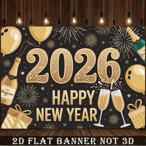 2D Flat Banner,1pc 2026 New Year's Eve Numbered 2026 Balloon Style Banner Wallpaper like Background Cloth Golden Black Large Polyester Fabric for 2026 Party Decoration