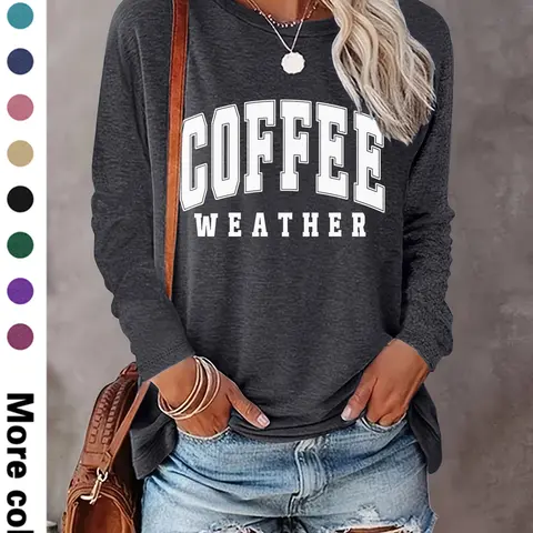 Women's Letter Print Crew Neck T-shirts, Casual Long Sleeve Round Neck T-shirts for Spring & Fall, Fashion Women's Top for Daily Wear, Casual Tee Shirts