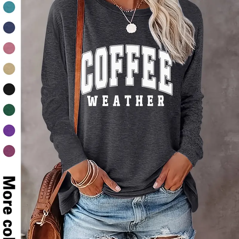 Women's Letter Print Crew Neck T-shirts, Casual Long Sleeve Round Neck T-shirts for Spring & Fall, Fashion Women's Top for Daily Wear, Casual Tee Shirts